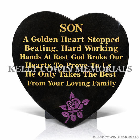 Black granite 12 inch heart shaped memorial plaque with personalised engraving by Kelly Cowin Memorials, available locally and nationwide
