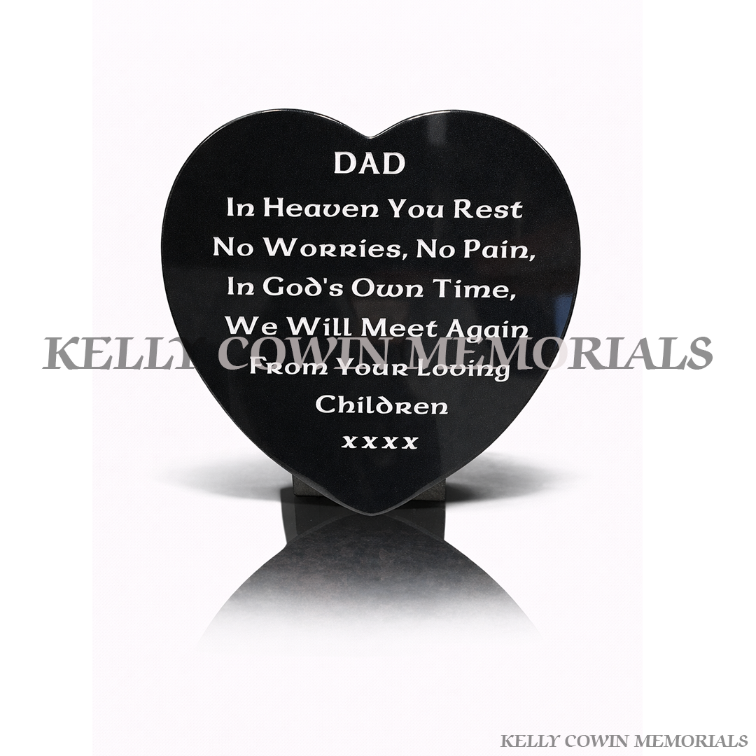 12 inch black granite heart shaped memorial plaque with engraved inscription by Kelly Cowin Memorials Ireland