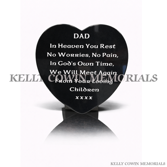 12 inch black granite heart shaped memorial plaque with engraved inscription by Kelly Cowin Memorials Ireland