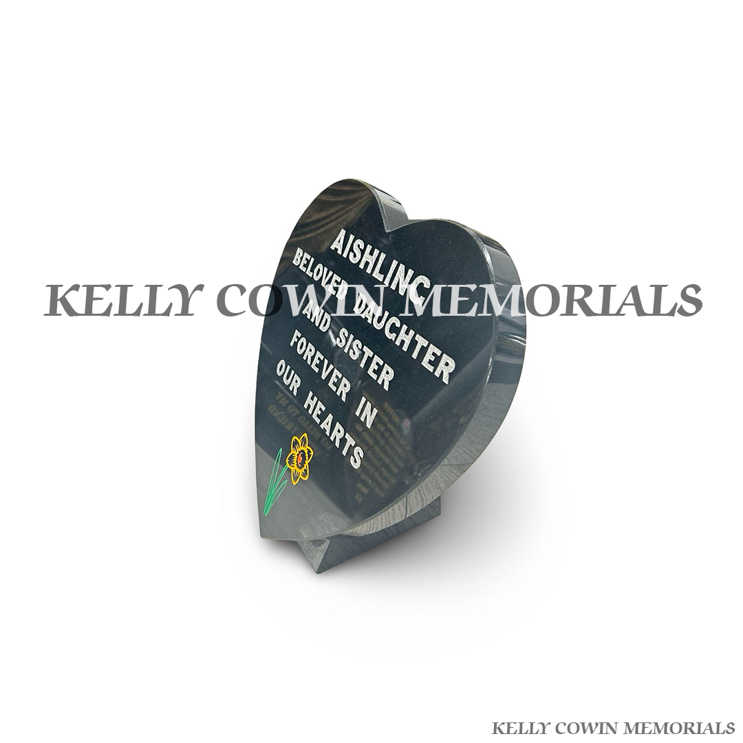 Side view of polished black granite heart memorial plaque