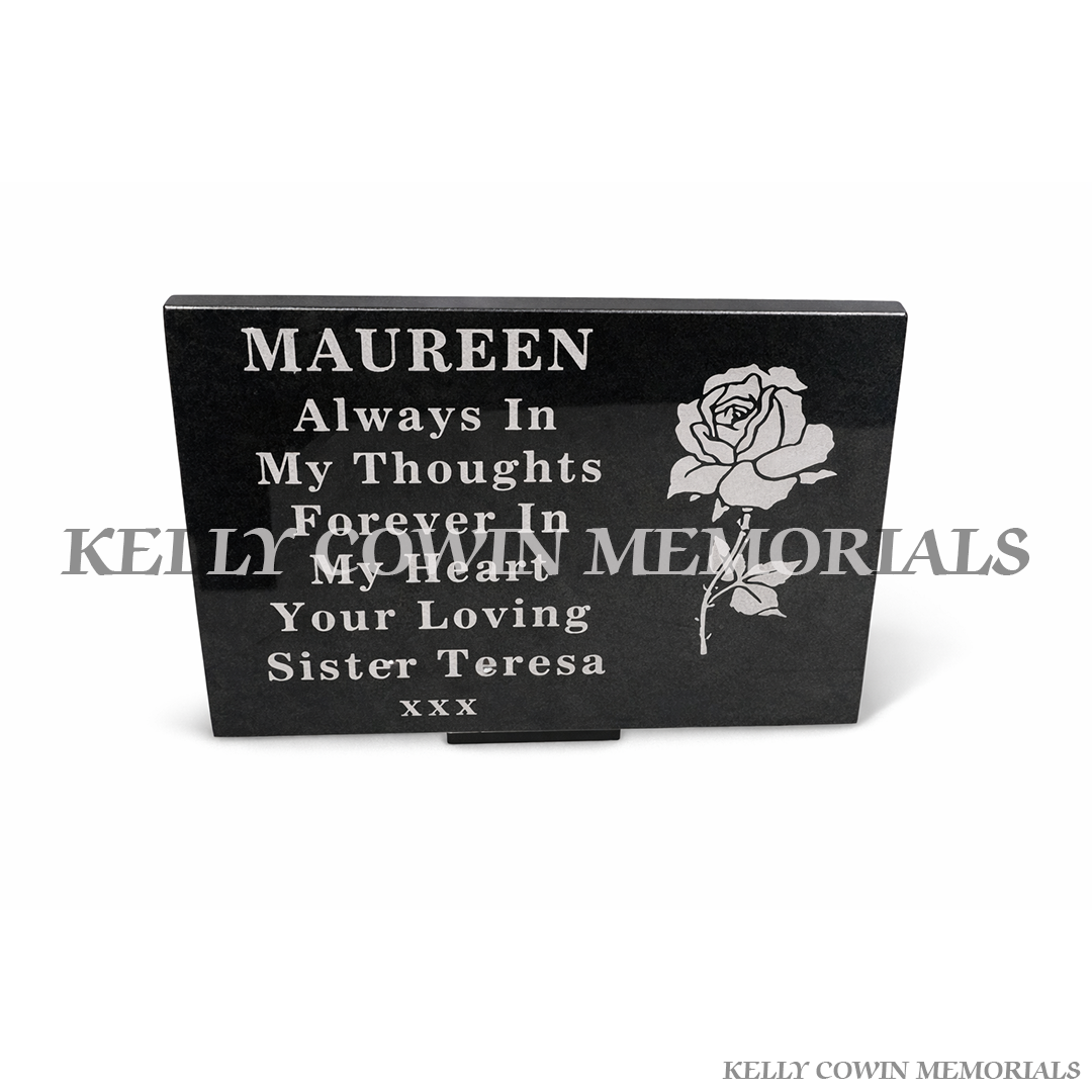 12 inch black granite memorial plaque with rose engraving personalised by Kelly Cowin Memorials Ireland