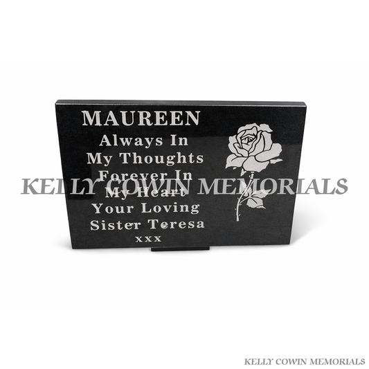 12 inch black granite memorial plaque with rose engraving personalised by Kelly Cowin Memorials Ireland