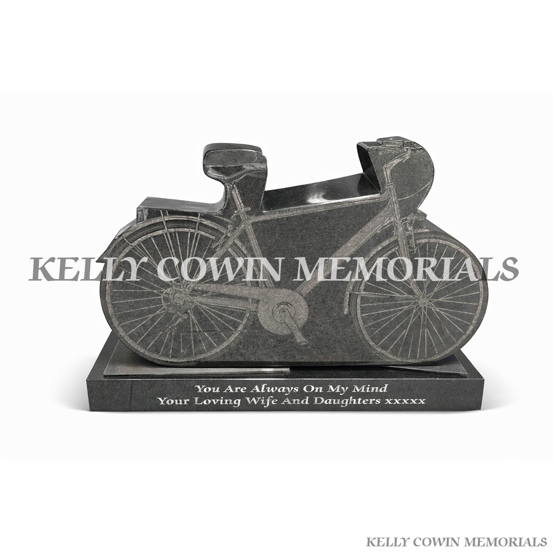 Custom black granite bicycle memorial plaque with engraved bike design and personalised wording. Made in Ireland. Local Dublin service + nationwide delivery.