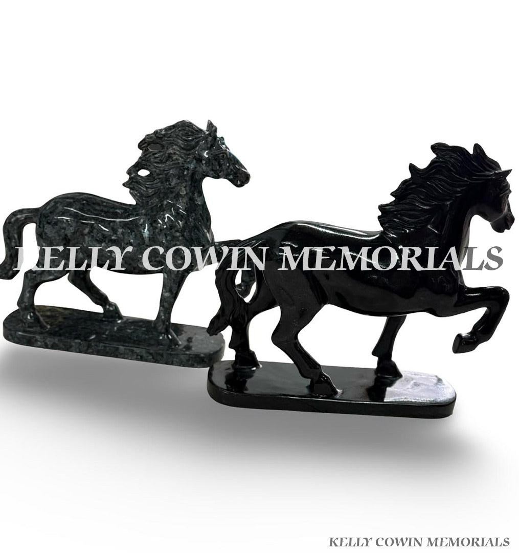 Black granite and Blue Pearl granite horse memorial ornaments available from Kelly Cowin Memorials in Ireland.