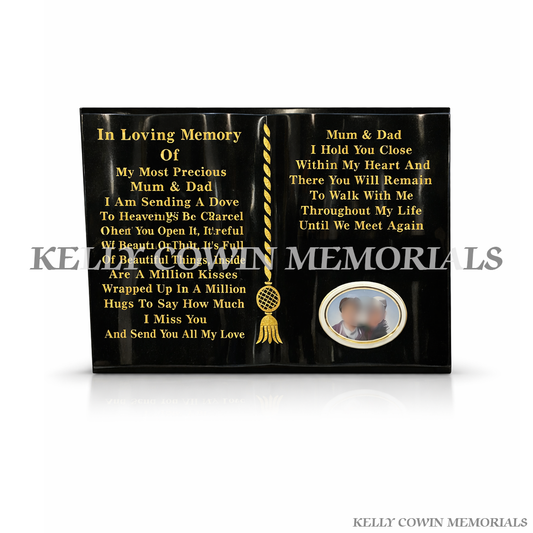 Black granite book headstone with ceramic photo plaque and personalised inscription in Ireland