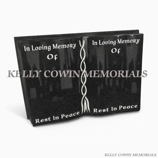 Black granite open book grave accessory memorial plaque with engraving, available locally and nationwide in Ireland
