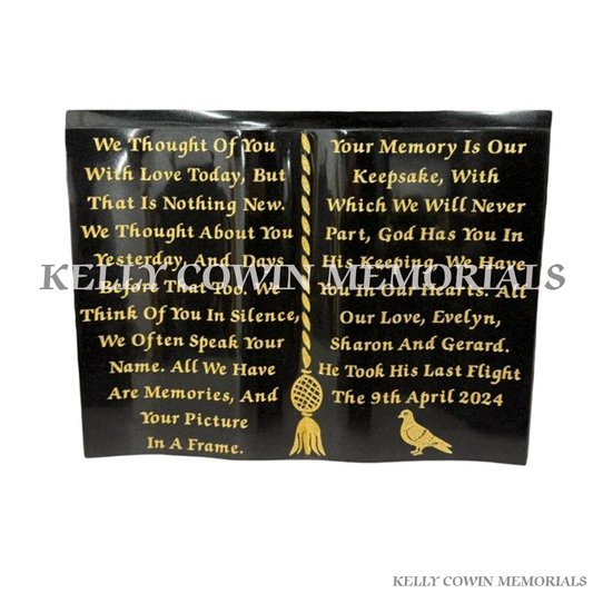 black granite book memorial with gold engraved lettering and image personalised plaque Ireland