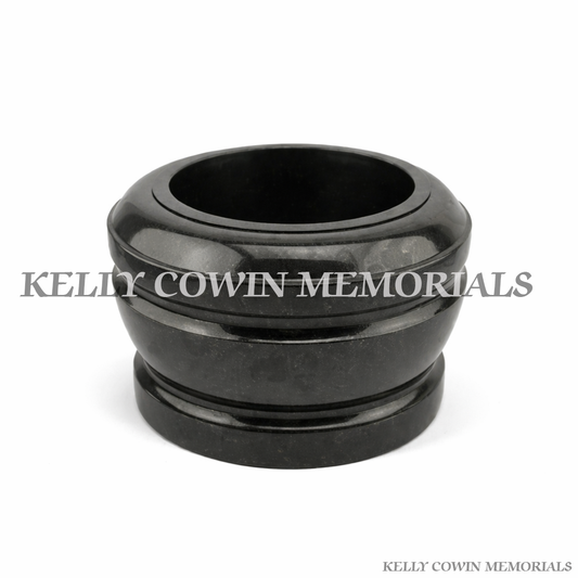 Black granite memorial bowl grave accessory with polished finish on white background – Ireland headstone flower bowl