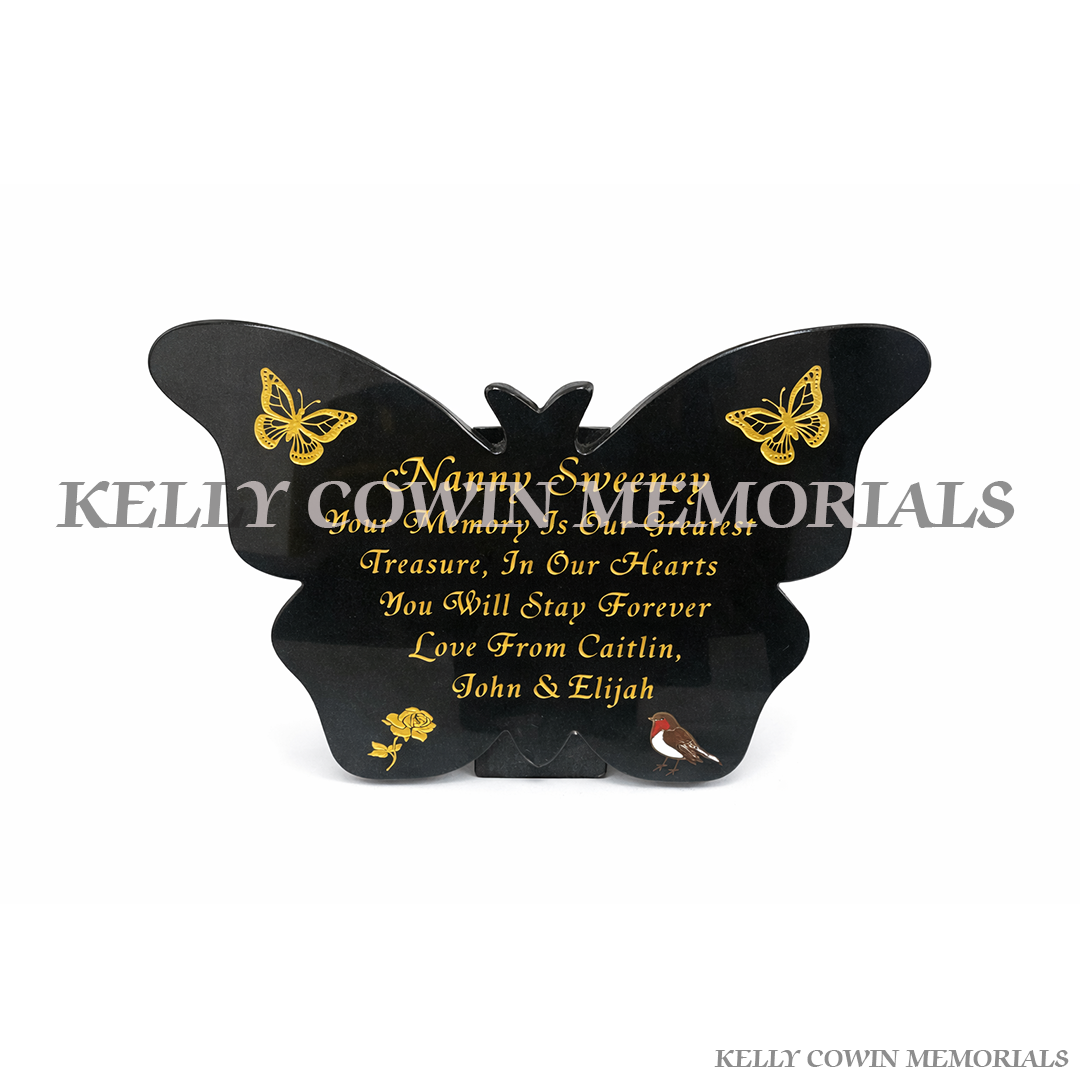 Black granite butterfly shaped memorial plaque with gold engraved inscription by Kelly Cowin Memorials Dublin Ireland