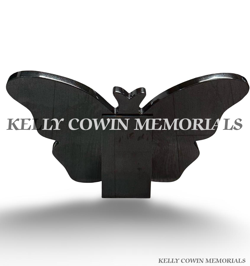 back view of Personalised black granite butterfly memorial plaque with gold inscription, purple butterflies, roses and freestanding granite support by Kelly Cowin Memorials.