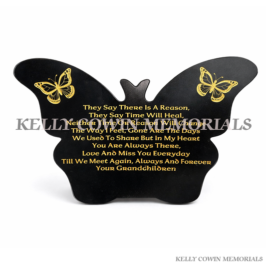 Black granite butterfly shaped memorial plaque with gold engraved inscription by Kelly Cowin Memorials Ireland