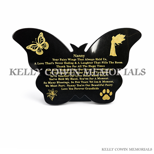 Black granite butterfly shaped memorial plaque with gold engraved inscription by Kelly Cowin Memorials Ireland