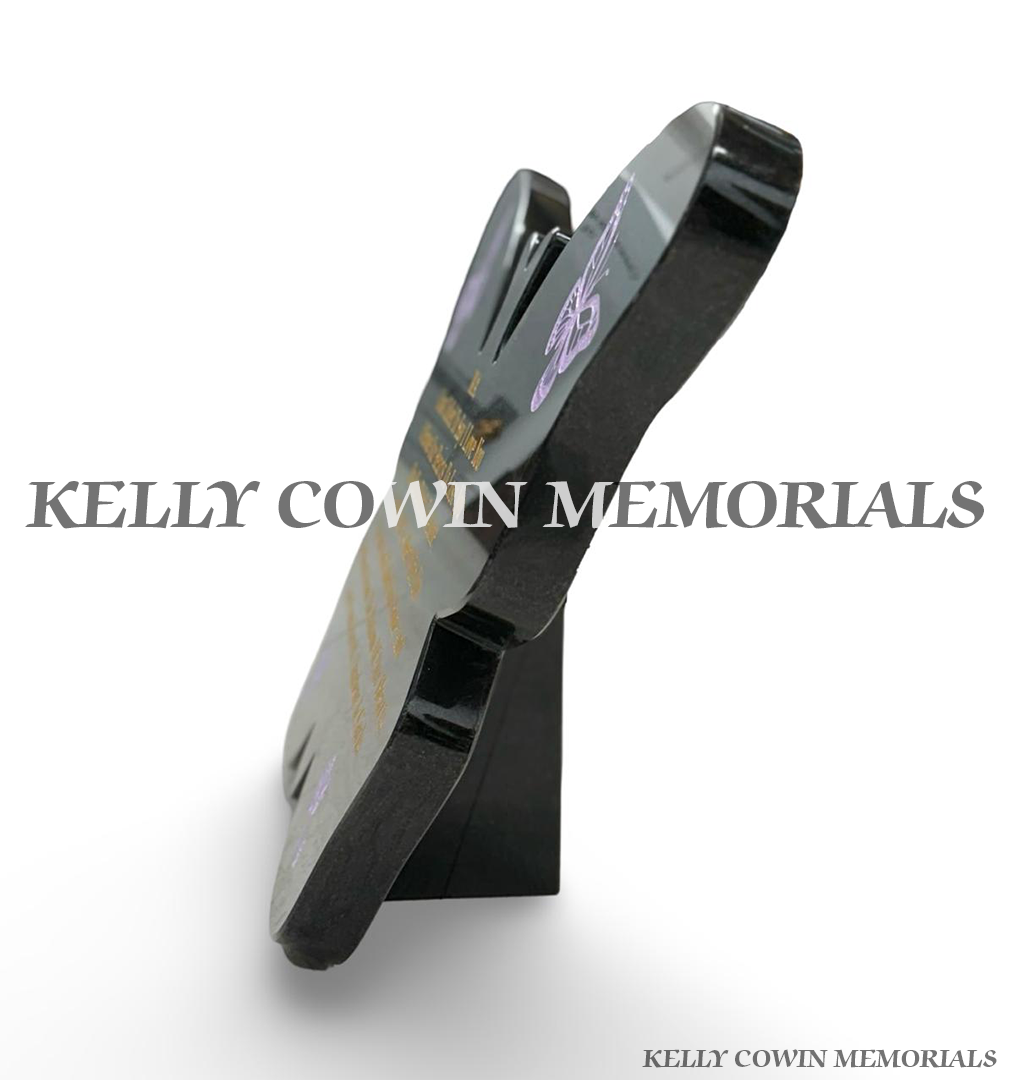 side view of Personalised black granite butterfly memorial plaque with gold inscription, purple butterflies, roses and freestanding granite support by Kelly Cowin Memorials.