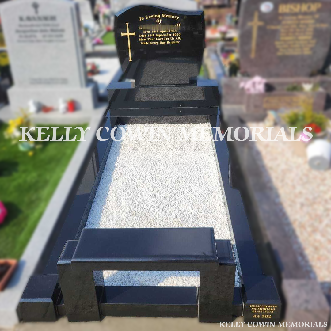 Front view of black granite C1 headstone with gold inscription and full kerbing in Bohernabreena Cemetery Dublin