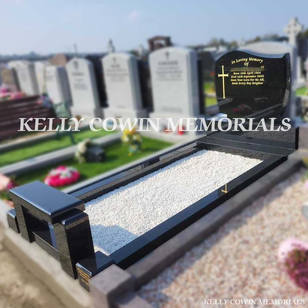 Side view of black granite C1 headstone showing base, plinth, kerbing and bench in Bohernabreena Cemetery