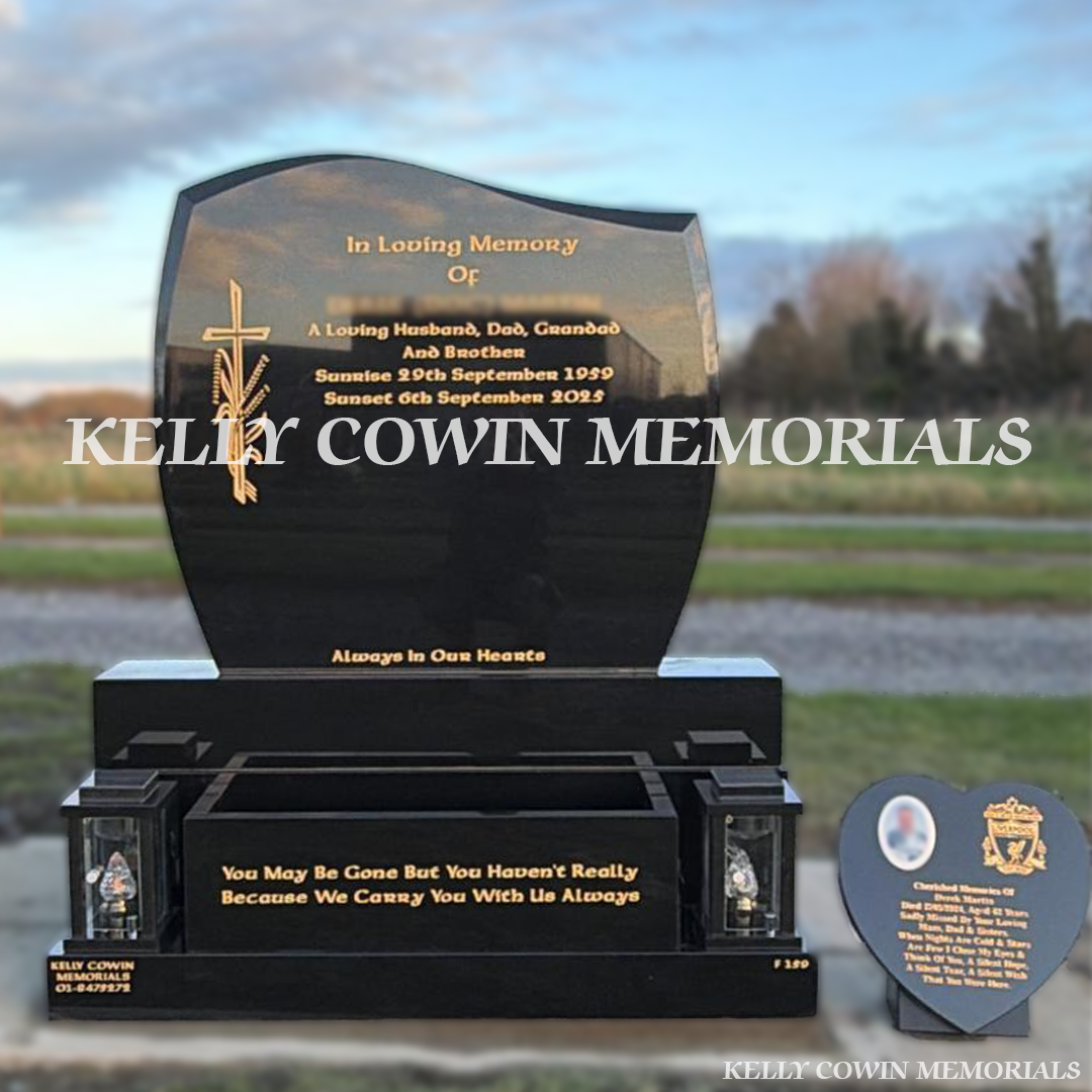 Front view of black granite C1 headstone with gold inscription in Dardistown Cemetery