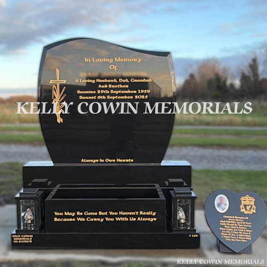 Front view of black granite C1 headstone with gold inscription in Dardistown Cemetery