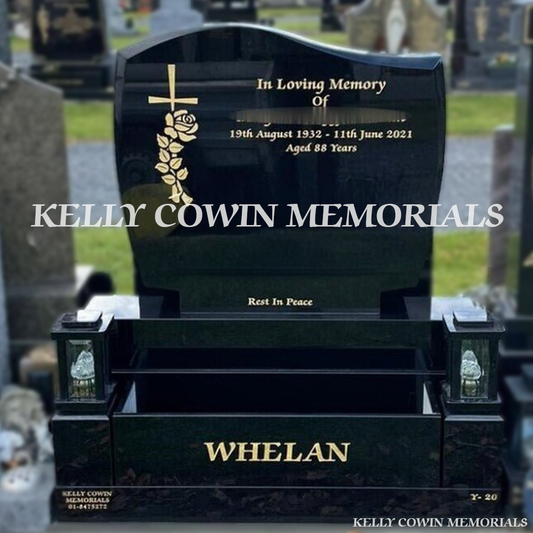 Front view of Black Granite C1 headstone with gold inscription and flower box in Dardistown Cemetery Dublin
