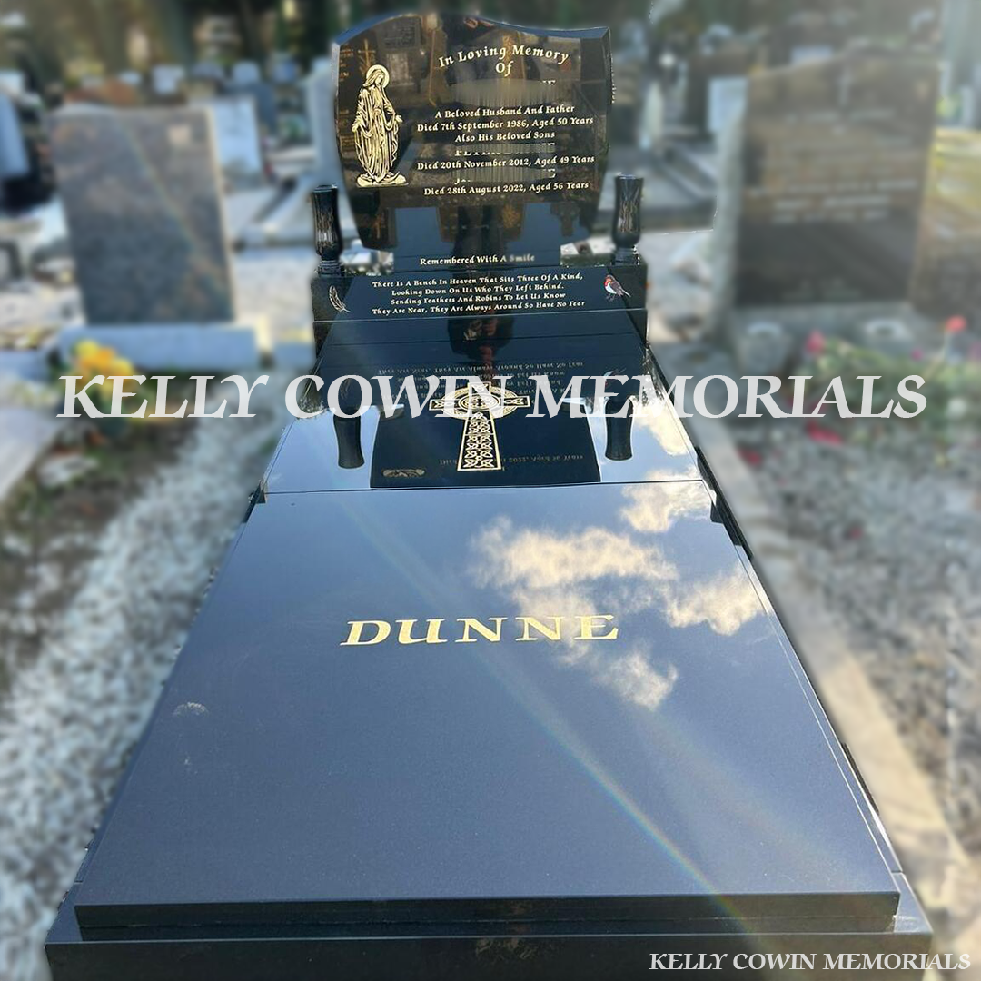 Black granite C1 headstone with kerbing and slab erected in Fingal Cemetery Dublin by Kelly Cowin Memorials