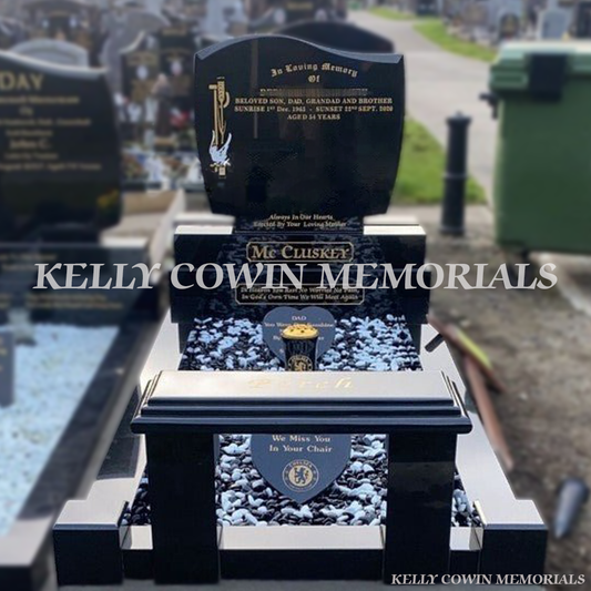 Black granite C1 headstone with kerbing and bench erected in Fingal Cemetery Dublin by Kelly Cowin Memorials