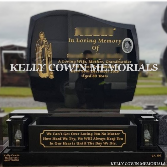 Black Granite C1 headstone front view with lanterns, flowerbox and oval photograph in Balgriffin Cemetery Dublin