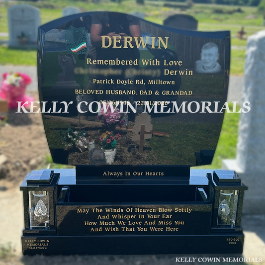 Front view of black granite C1 headstone with gold lettering in Mount Venus Cemetery