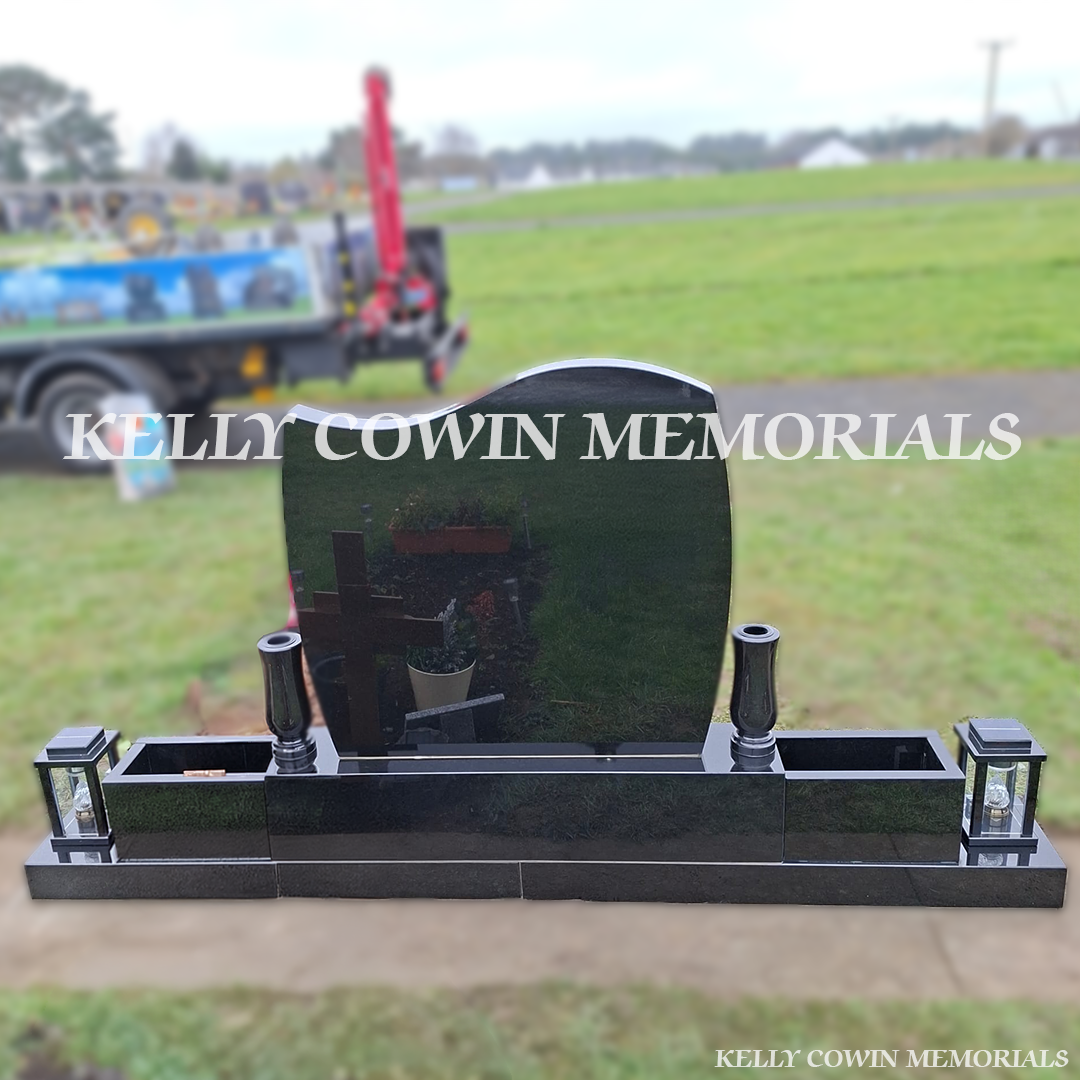 Rear view of black granite C1 headstone erected in St. Conleth’s Cemetery Kildare
