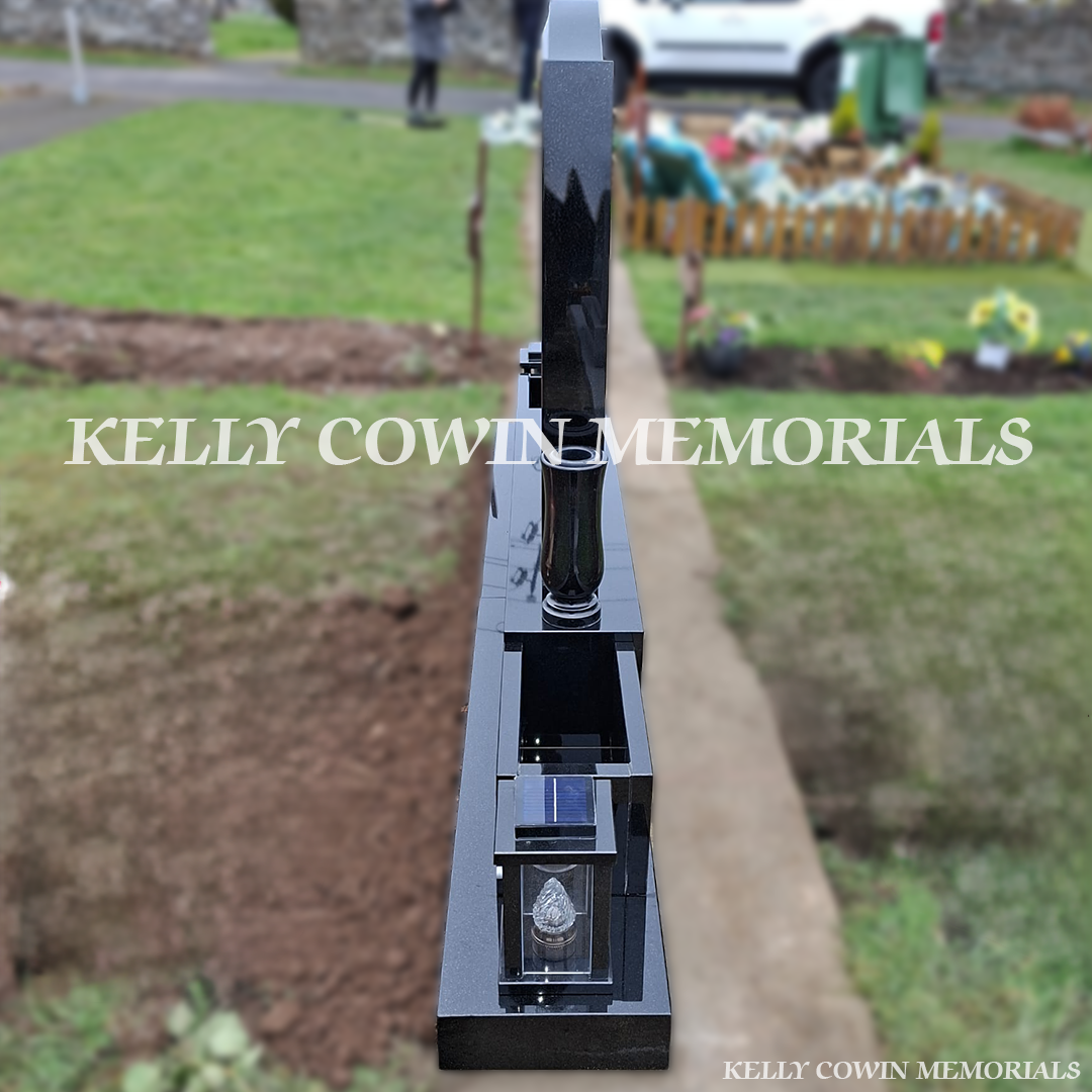 Rear view of black granite C1 headstone erected in St. Conleth’s Cemetery Kildare
