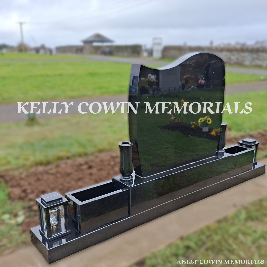 Rear side view of black granite C1 headstone erected in St. Conleth’s Cemetery Kildare
