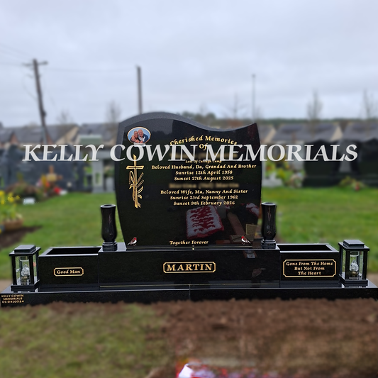 Front view of black granite C1 headstone with gold inscription in St. Conleth’s Cemetery