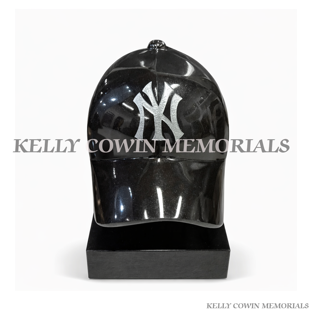 Black granite custom Yankee style baseball cap memorial grave accessory Ireland
