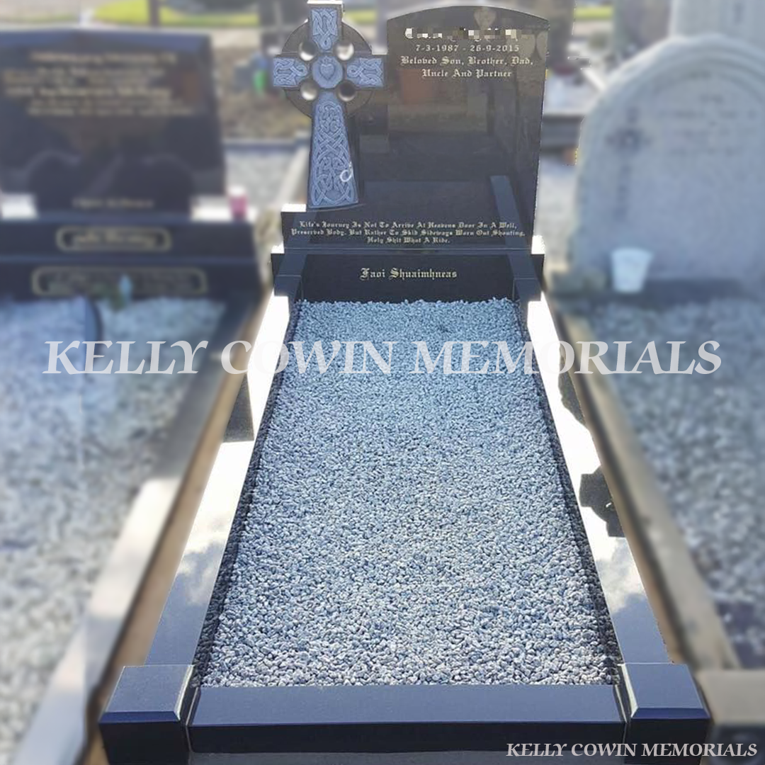 Black granite antique finish Celtic Cross headstone erected in Fingal Cemetery Dublin by Kelly Cowin Memorials