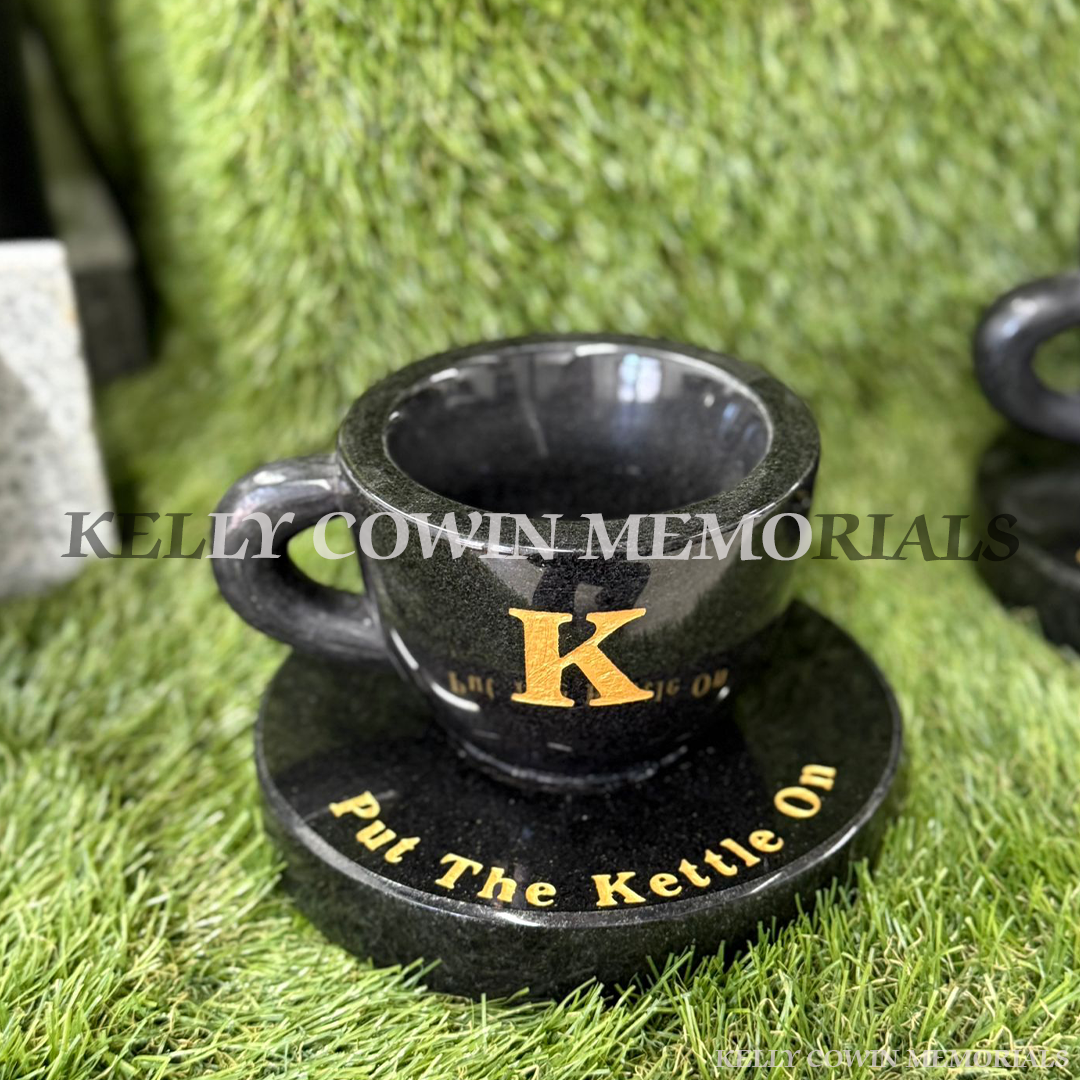 Black Granite Cup of Tea Grave Accessory | Kelly Cowin Memorials Ireland