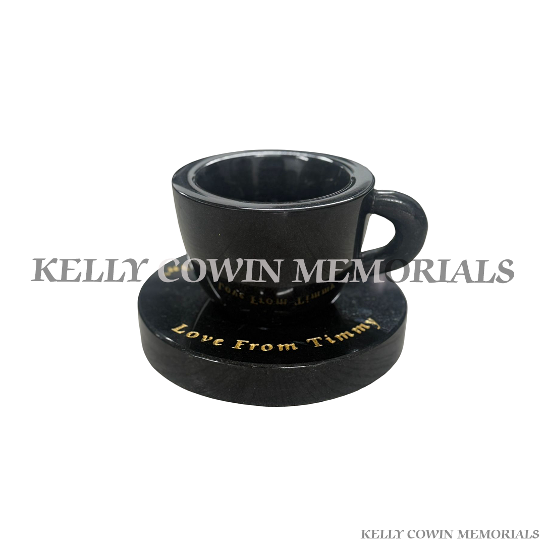Black granite cup of tea grave accessory with gold engraving for memorials in Dublin and nationwide Ireland