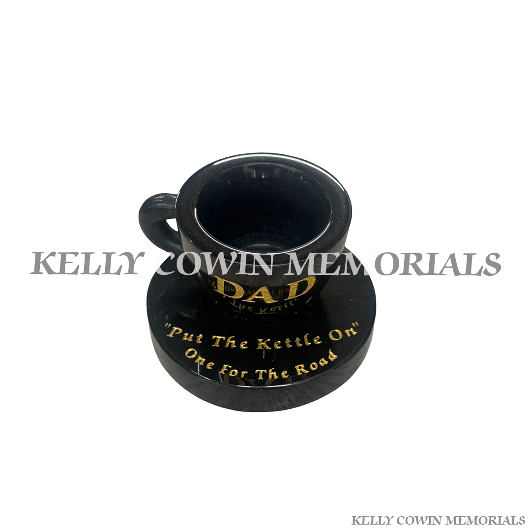 Black granite cup of tea grave accessory with gold engraving for memorials in Dublin and nationwide Ireland