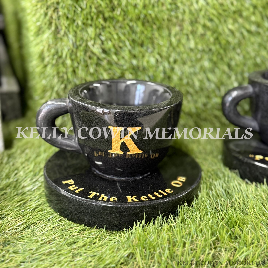 Black granite cup of tea grave accessory with personalised engraving for memorials in Dublin and nationwide Ireland