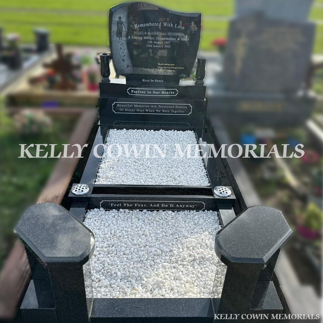 Black granite C1 headstone with laser image, kerbing, granite seats and central flower box at Mulhuddart Cemetery Dublin