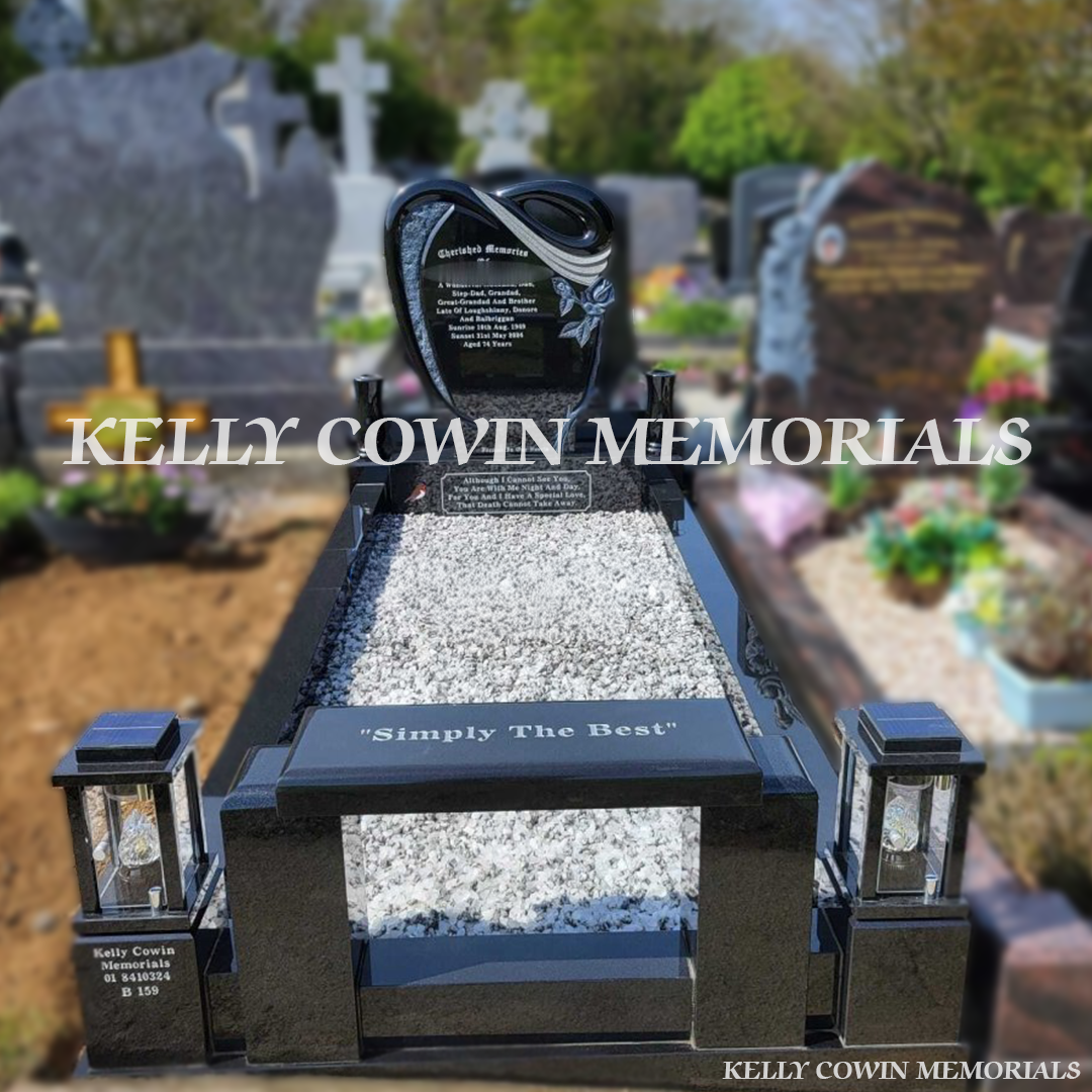Front view of custom black granite headstone with silver inscription and full kerbing in Ardla Cemetery Dublin
