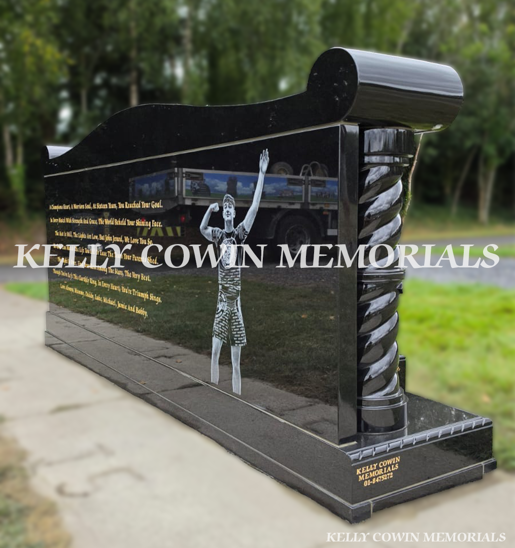 Rear of custom black granite headstone featuring large personalised laser image backing plate and gold inscription.