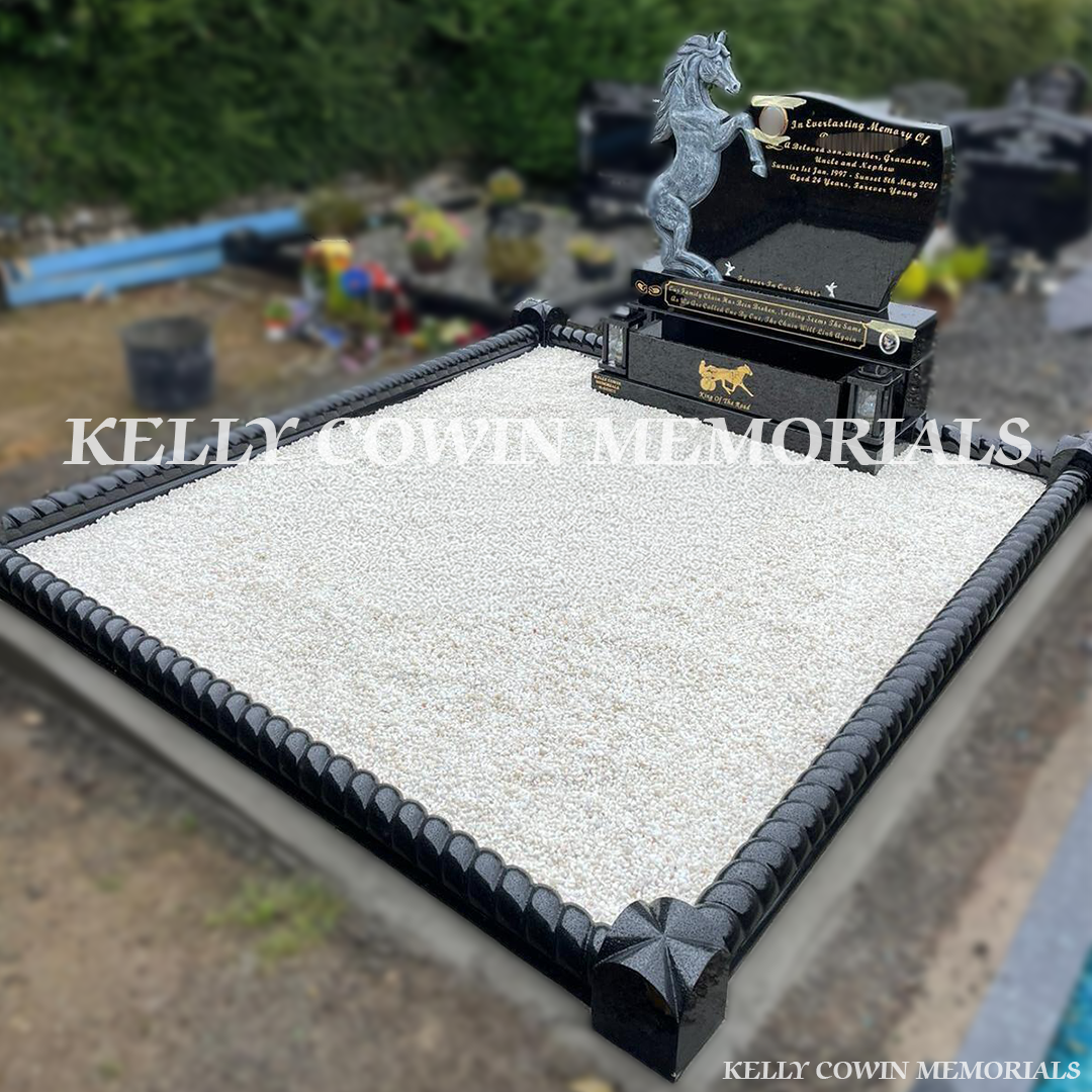 Side view showing black granite roped kerbing, corner posts and white Moldovan chippings in Dublin Cemetery