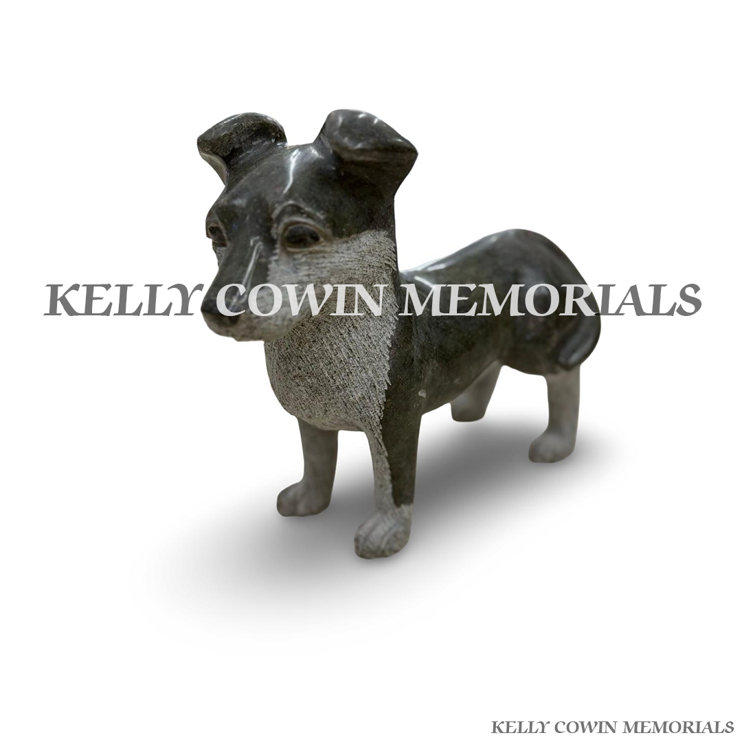 Front view of black granite dog memorial accessory with rough stone detail