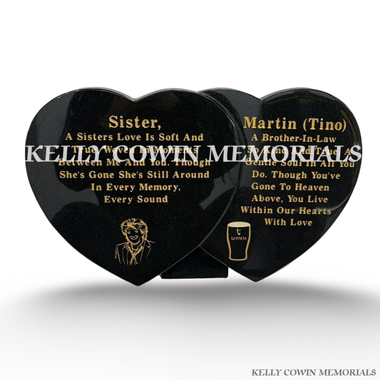 Front view of black granite double heart plaque with gold inscription and engraved images