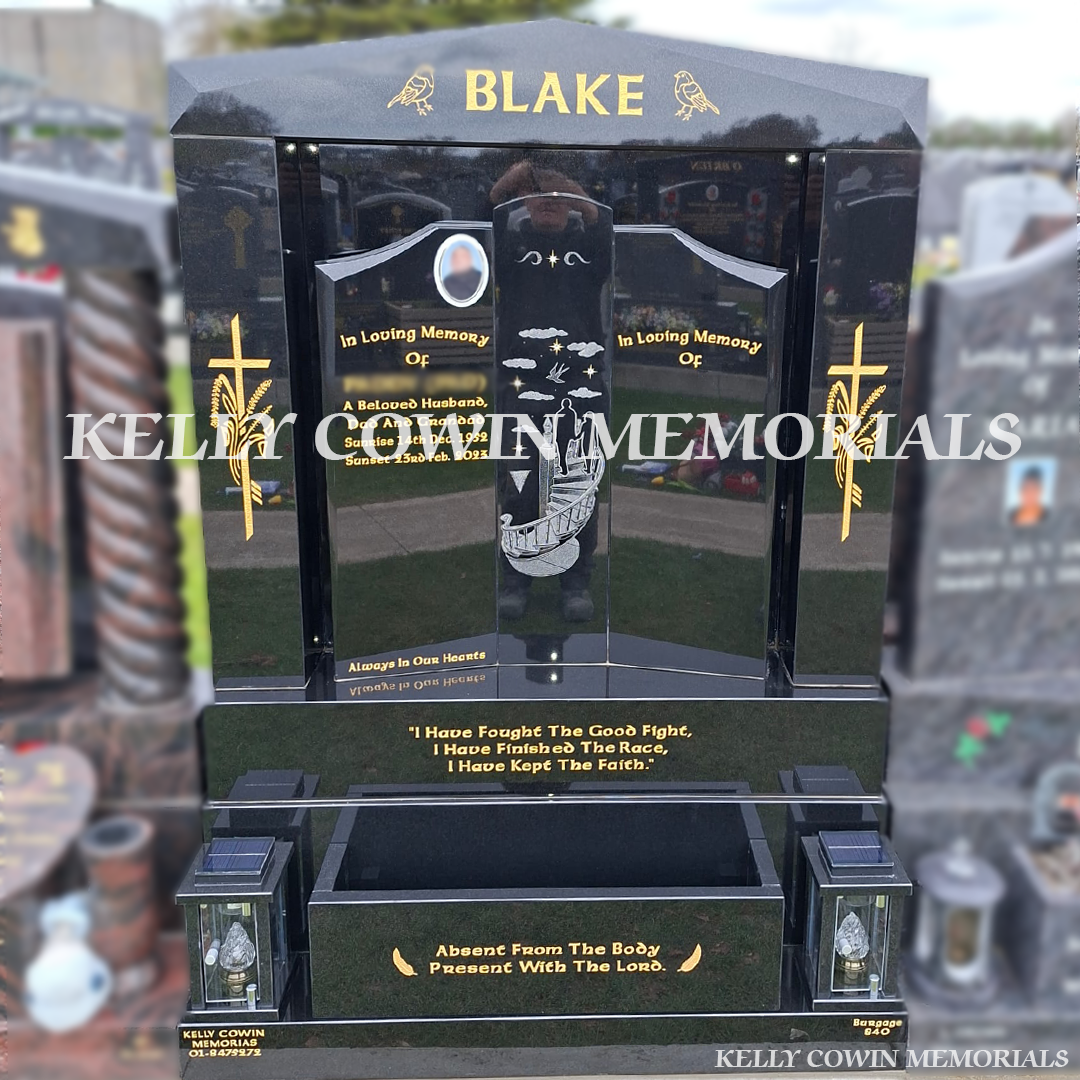 Front view of black granite Gates of Heaven headstone with gold inscription in Balgriffin Cemetery