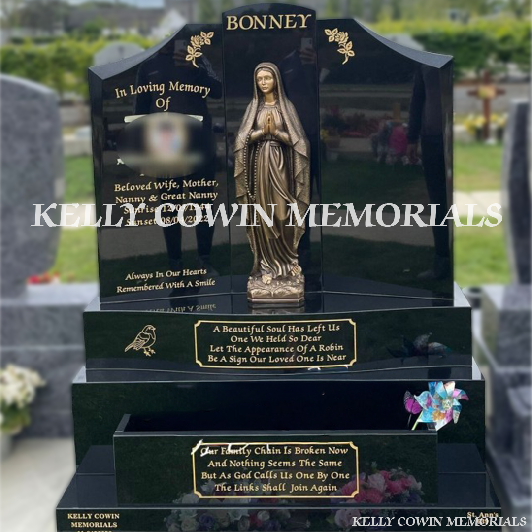 Front view of Black Granite Gates of Heaven headstone with bronze Our Lady statue in Balgriffin Cemetery Dublin by Kelly Cowin Memorials