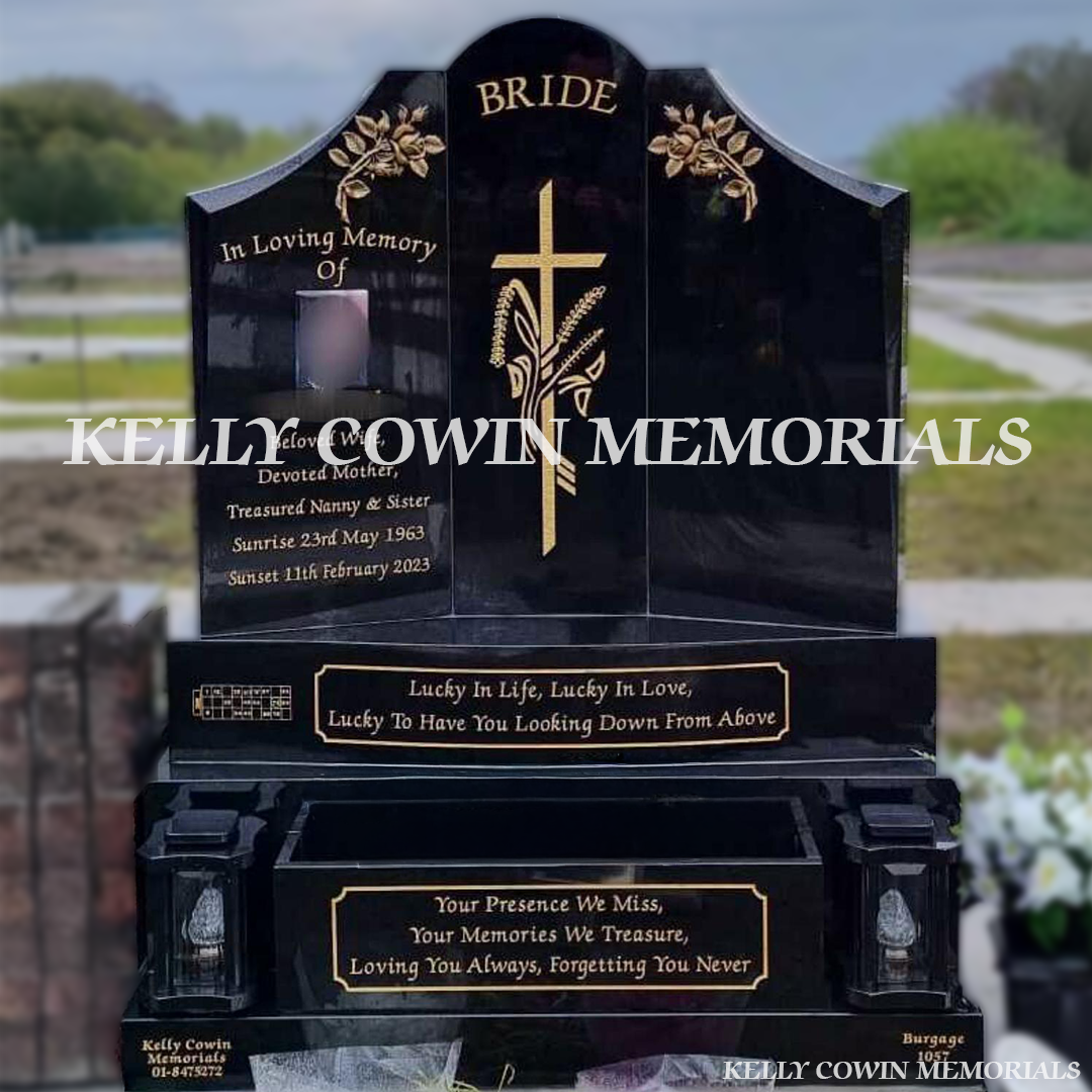 Front view of black granite Gates of Heaven headstone in Balgriffin Cemetery Dublin