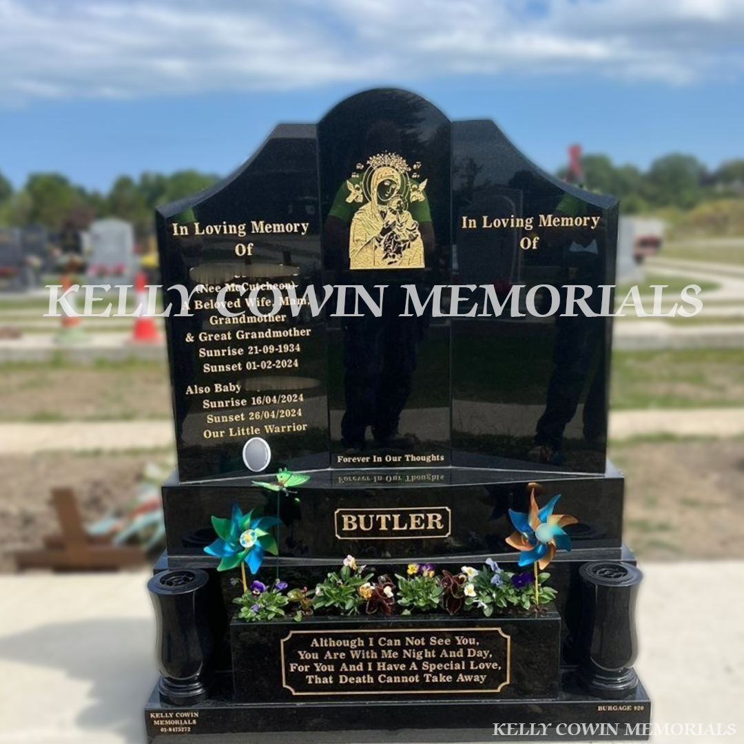 Black granite Gates of Heaven headstone erected in Balgriffin Cemetery Dublin by Kelly Cowin Memorials
