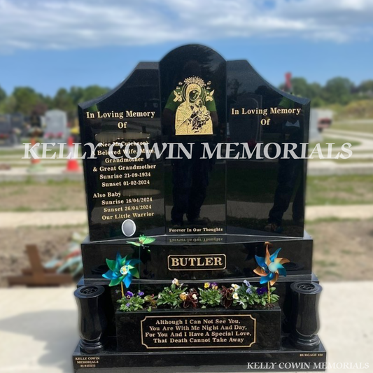 Black granite Gates of Heaven headstone erected in Balgriffin Cemetery Dublin by Kelly Cowin Memorials