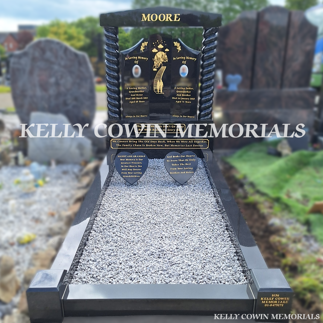 Front view of black granite Gates of Heaven headstone with gold inscription in Fingal Cemetery