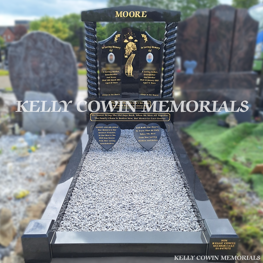 Front view of black granite Gates of Heaven headstone with gold inscription in Fingal Cemetery