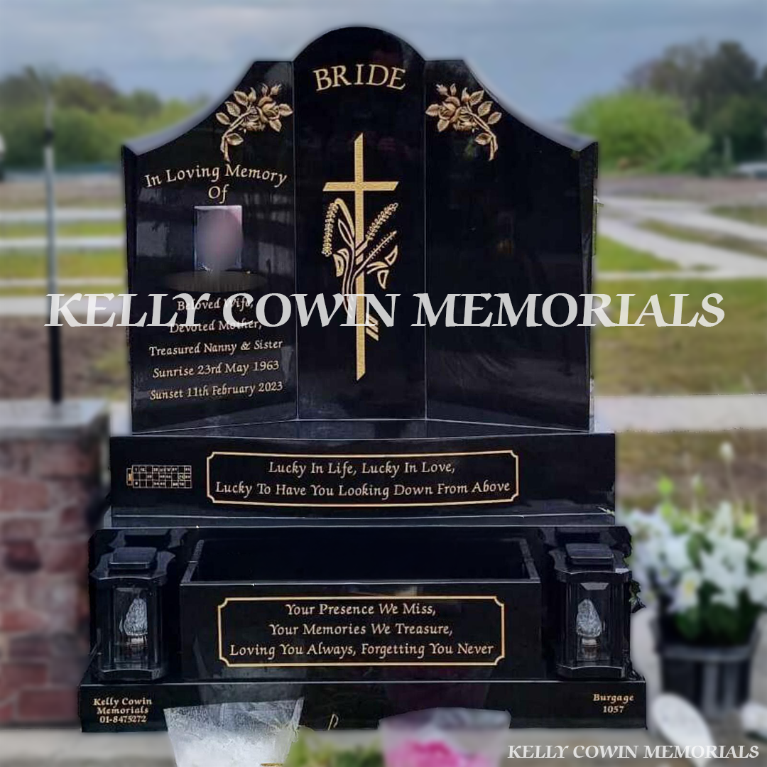 Front view of Black Granite Gates of Heaven headstone on base and plinth with lanterns in Balgriffin Cemetery Dublin